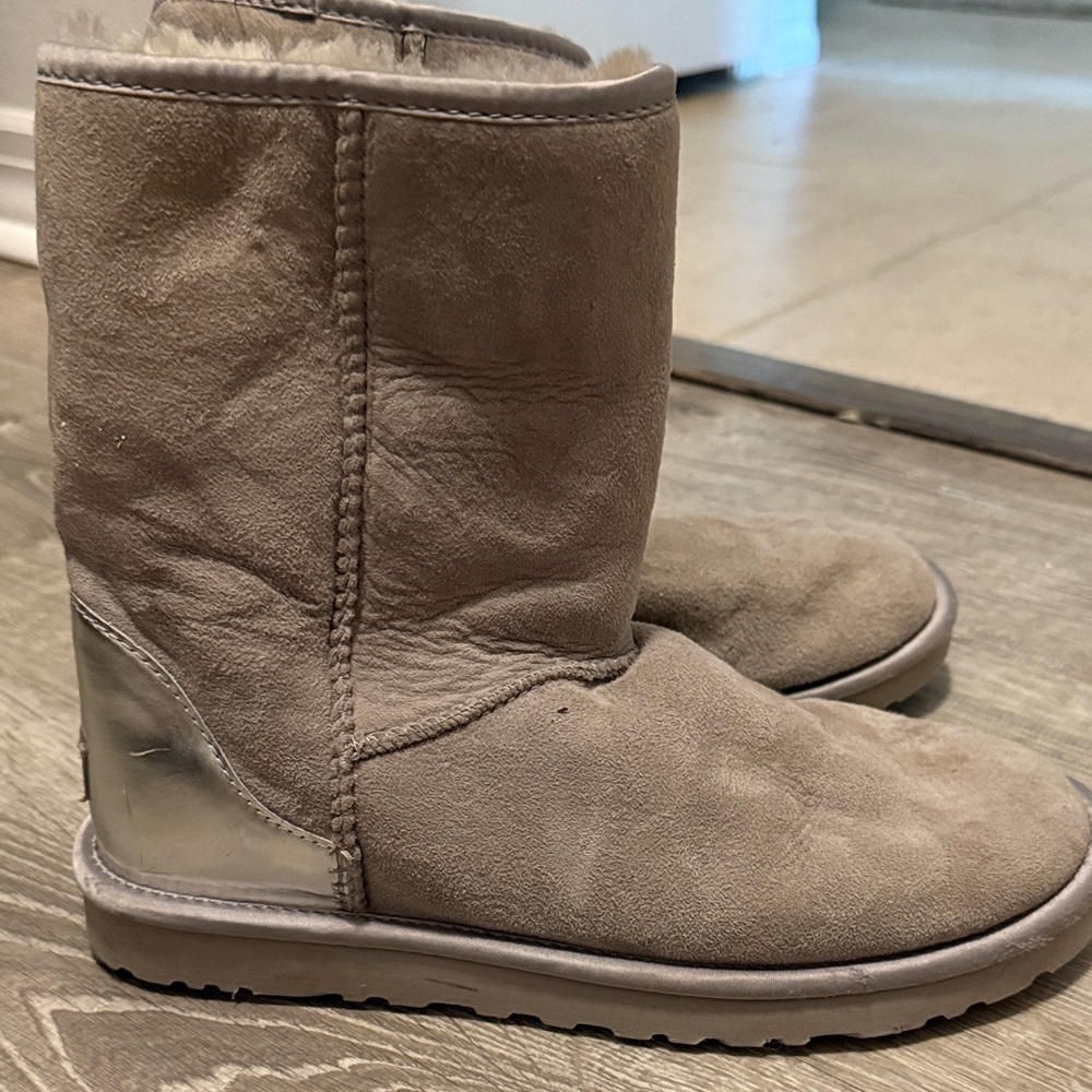 UGG Tan Boots with Metallic Silver Heel